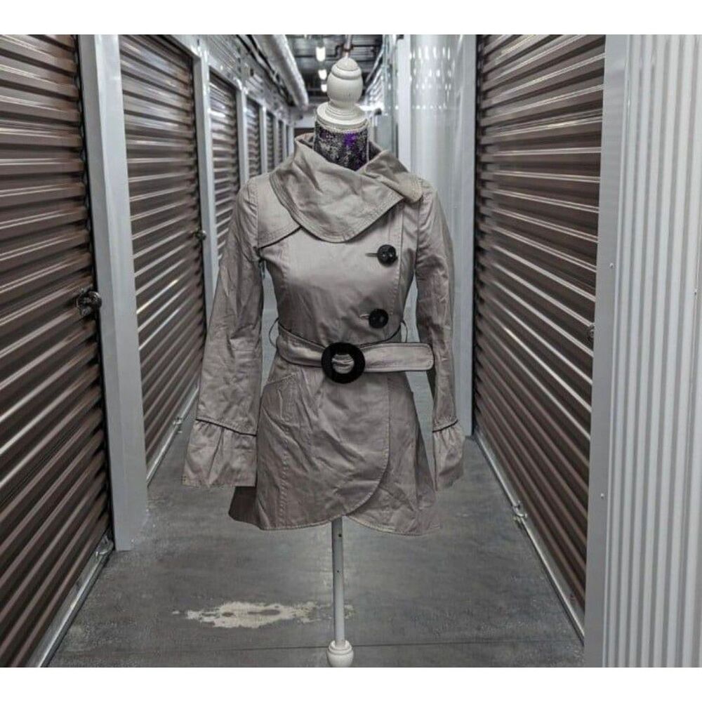 Anthropologie Soia & Kyo Small Grey‎ 100% Cotton Belted Light Trench Coat Jacket